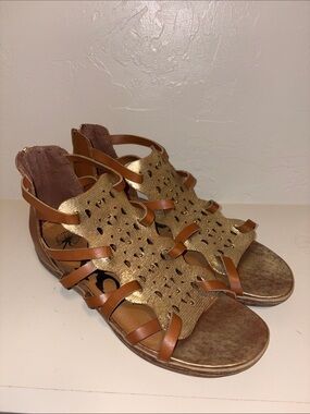 OTBT Gold and Tan Cutout Strappy Wedge Sandals